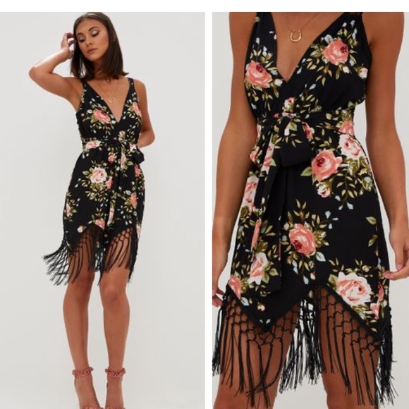 pretty little thing black fringe dress